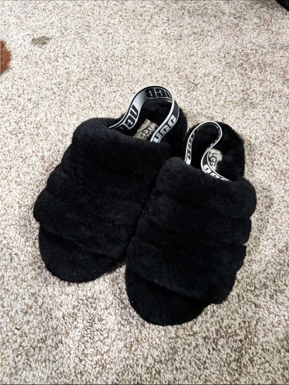 UGG Black Fluff Slide Slippers with Branded Elastic Heel Strap